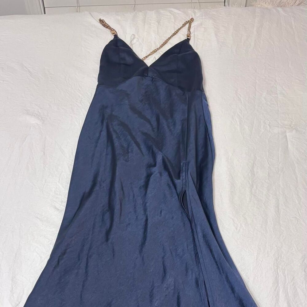 SHOWPO Gold Chain Navy Maxi V Neck Satin Women's Navy Blue Formal Prom Dress